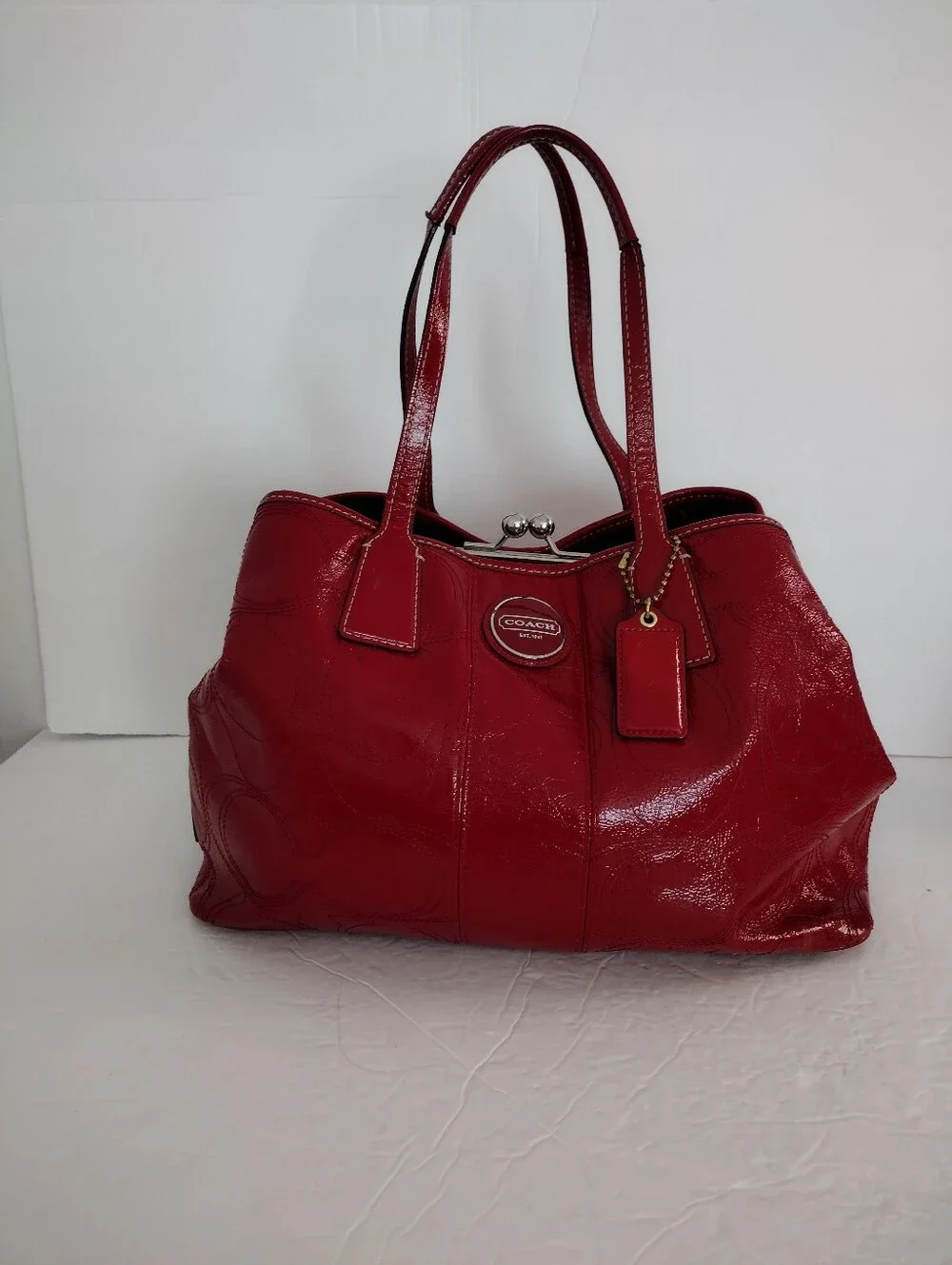 Vintage Y2K Coach Red Patent Leather Kiss Lock Carryall Tote Shoulder Bag F15658 - Picture 2 of 15